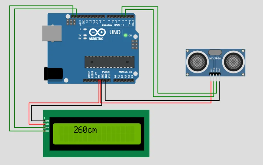An Arduino connected to a sensor and an LCD display showing sensor data.