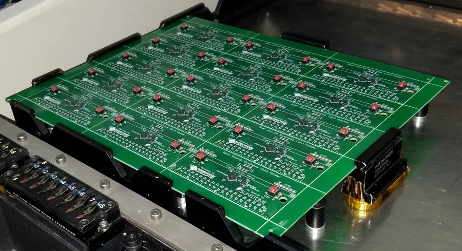 Multiple PCBs arranged on a panel for manufacturing.
