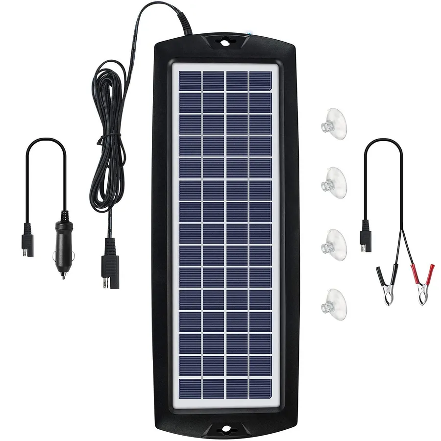 A solar panel charging a 12V battery using a charging controller.