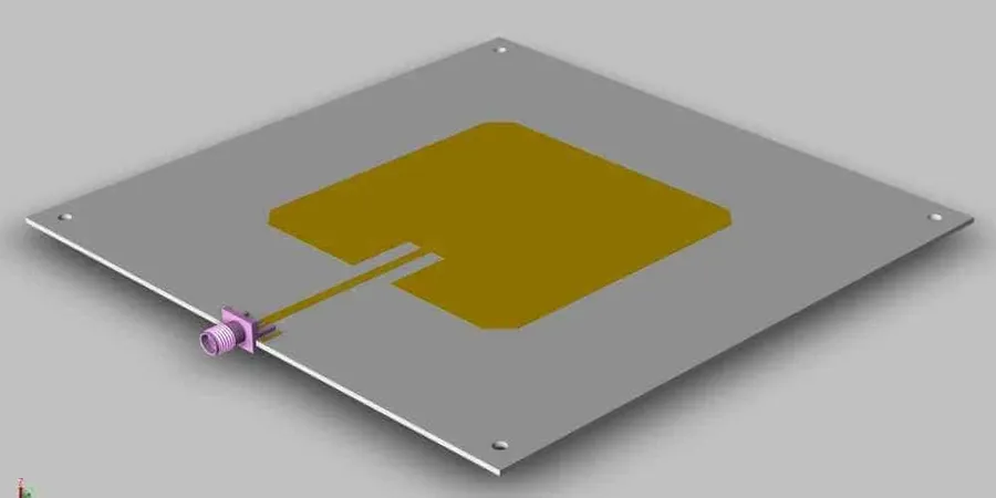 A circuit board with a patch antenna integrated into it.