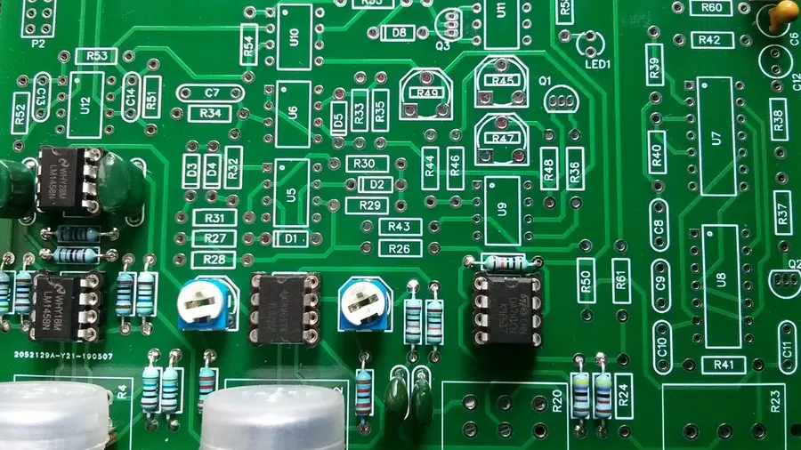 A close-up of a printed circuit board with intricate circuit patterns and components.