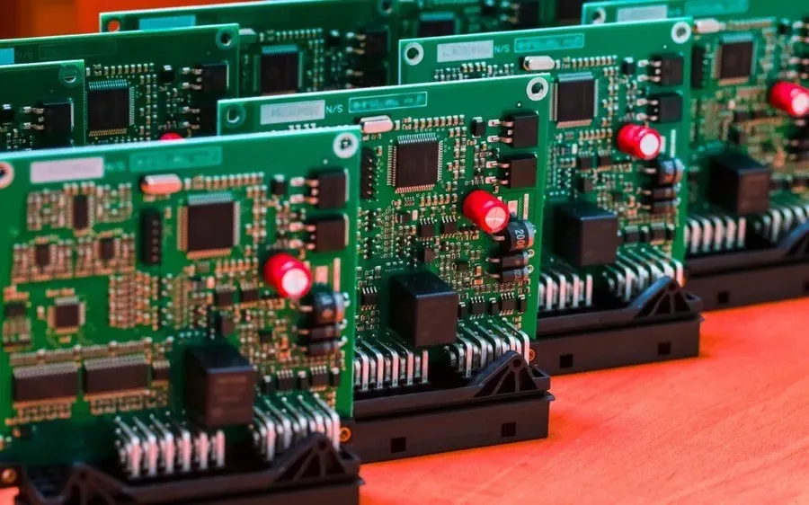 A large batch of printed circuit boards during the manufacturing process.