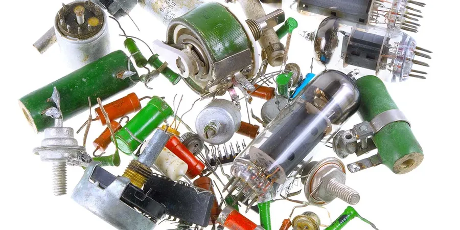 A collection of vintage electronic parts, such as vacuum tubes, old capacitors, and transformers.