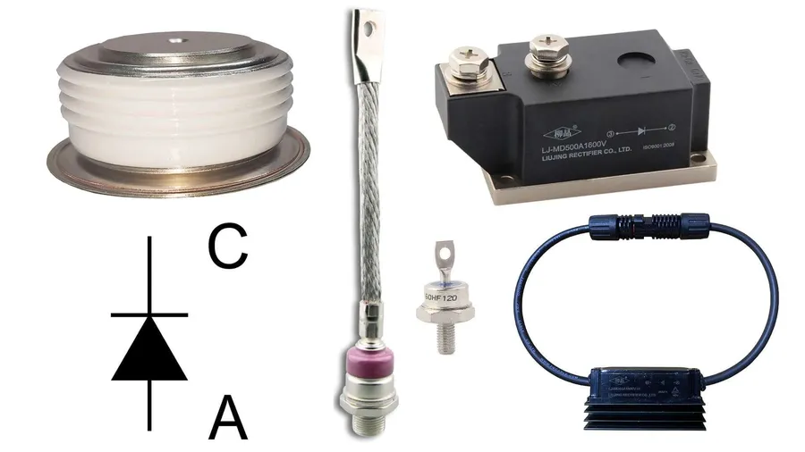 A display showcasing several types of diodes, including rectifier, Zener, and LED.