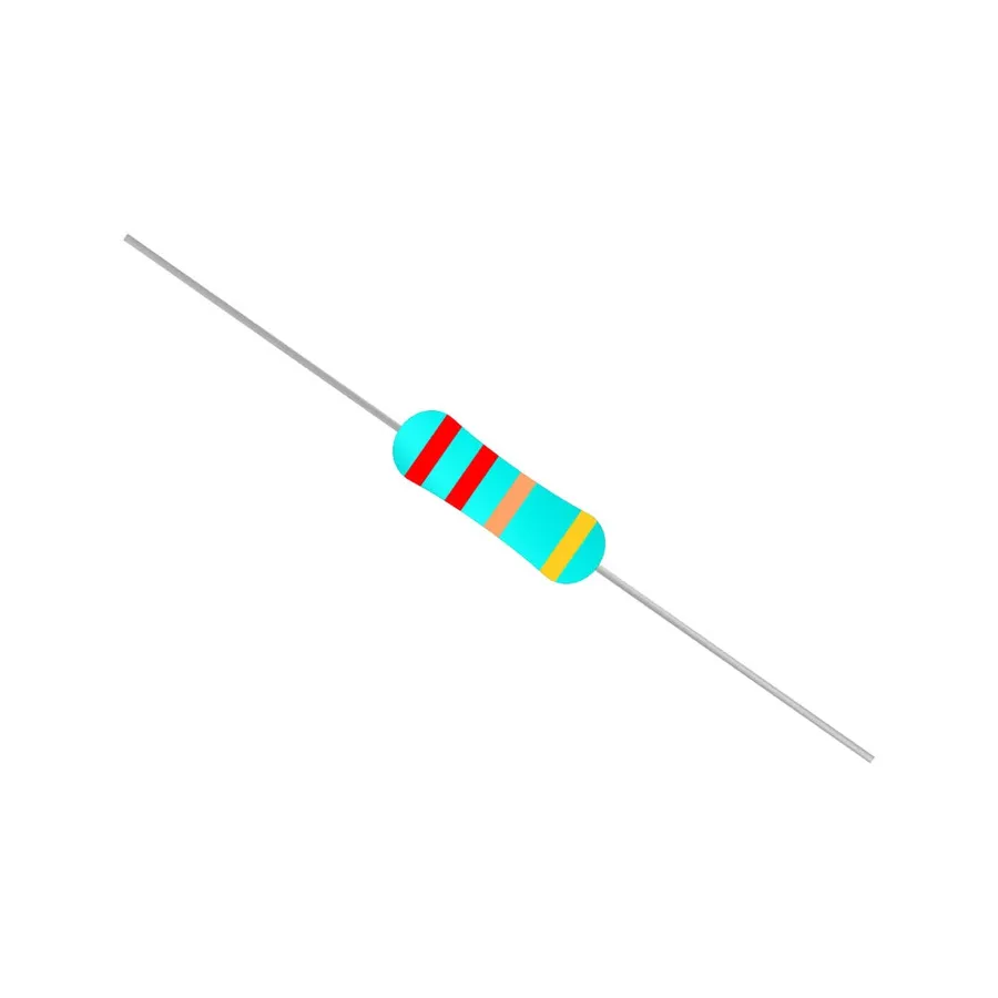 A 22k ohm resistor used in a breadboard circuit.