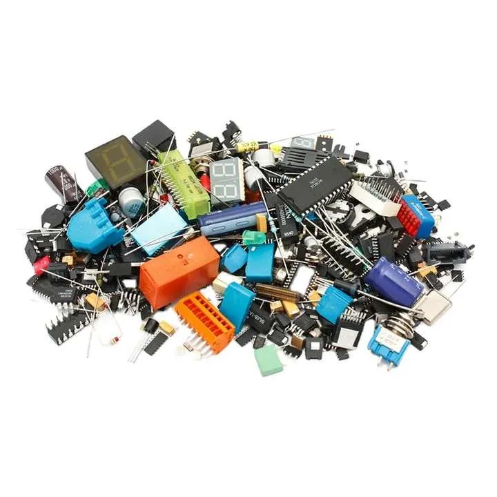 A display of electronic components with discounted price tags.