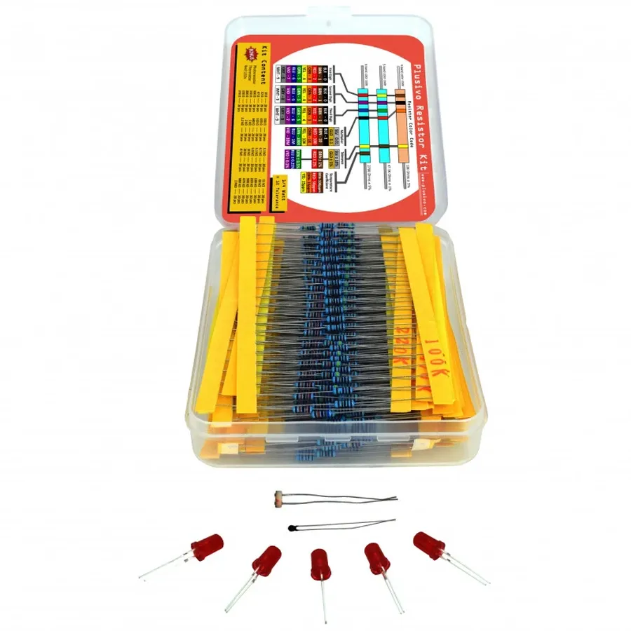 Various resistors with different color codes and sizes.