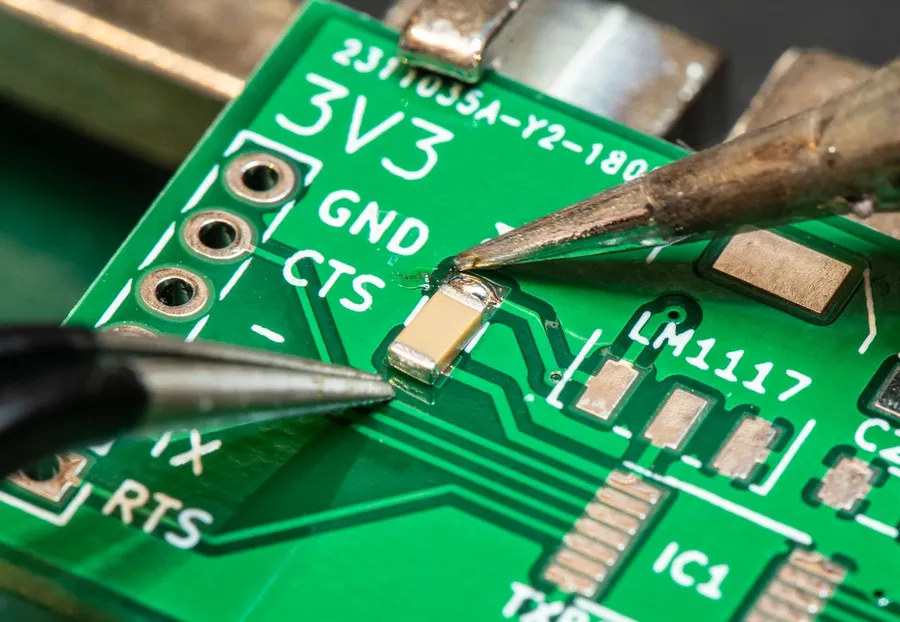 A hand soldering a 470 ohm resistor onto a circuit board.