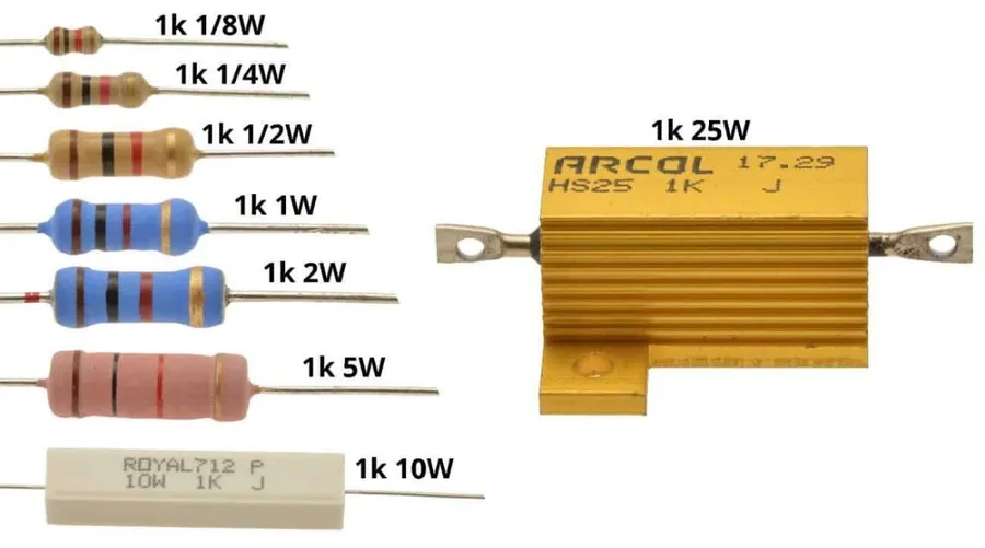 Various sized resistors indicating different power ratings.