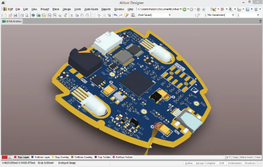 A 3D visualization of a PCB design in Altium Designer.