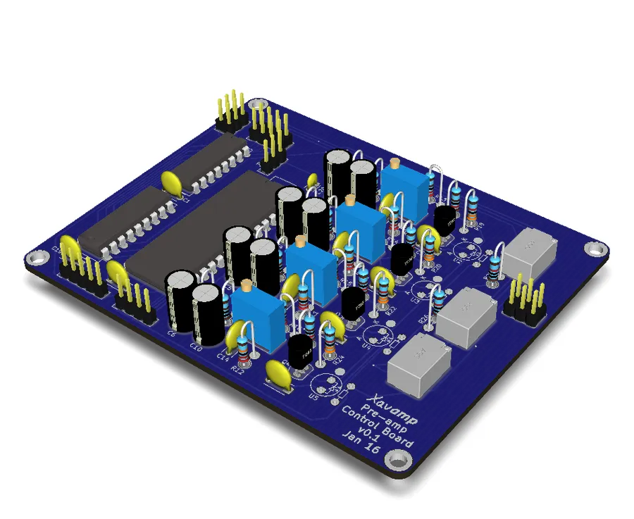 A 3D rendering of a PCB in KiCad.