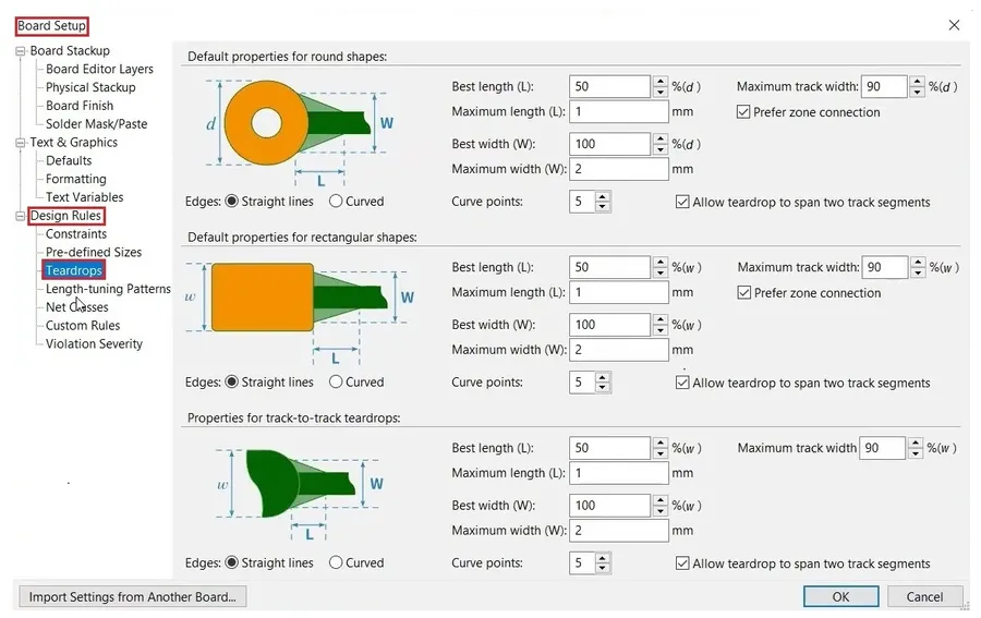 A view of KiCad design rules setup panel.