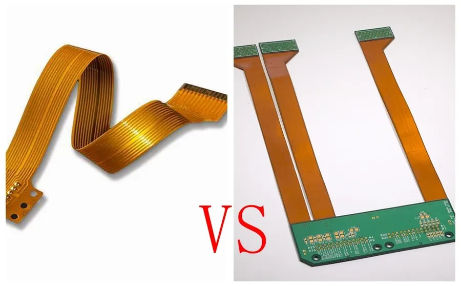 A comparison of a rigid PCB and a flexible PCB side by side.