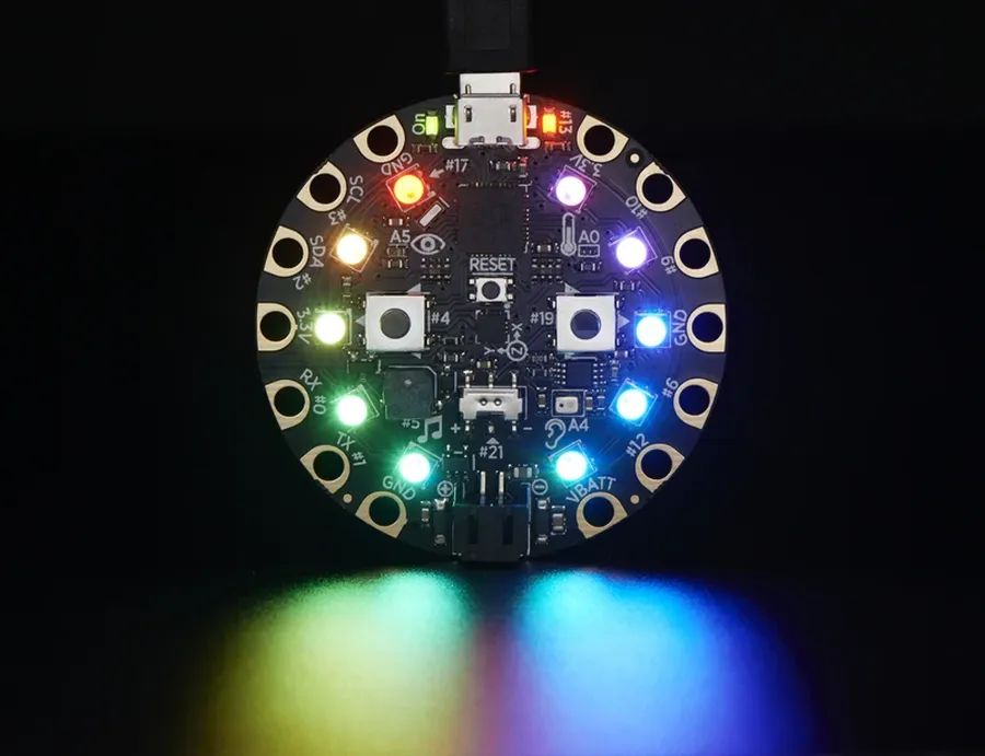 An Adafruit Circuit Playground being used in a project with various LEDs illuminated.