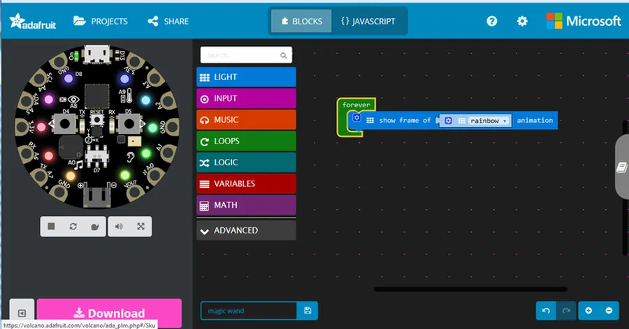 A screenshot of the MakeCode editor interface programming an Adafruit Circuit Playground.