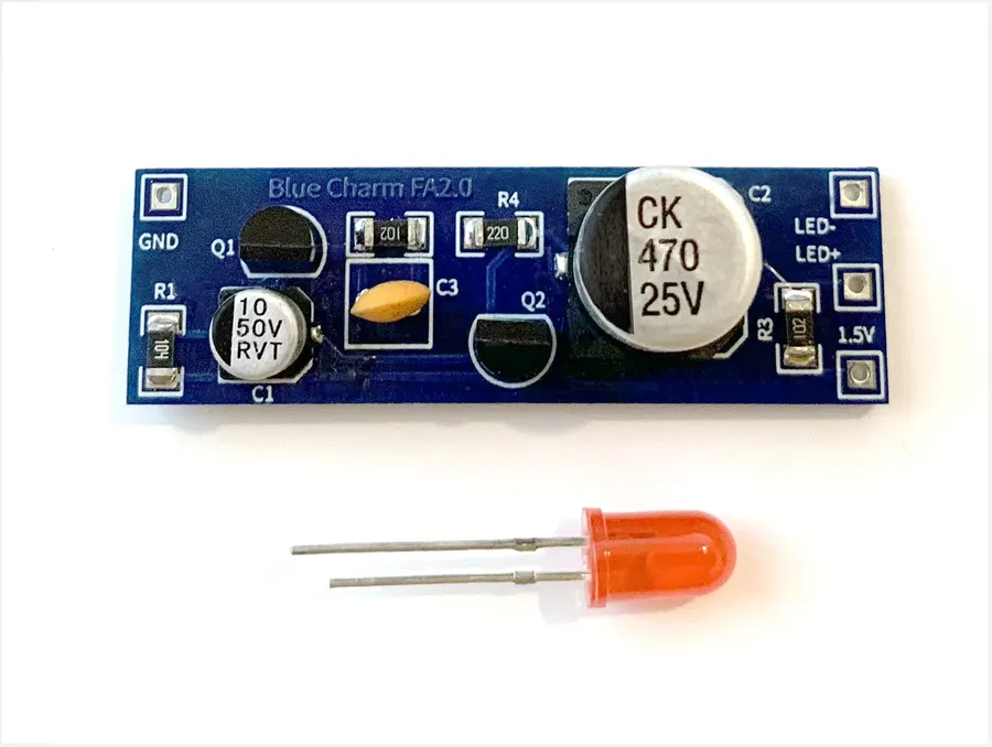 A simple PCB with an LED blinking, demonstrating a basic circuit.
