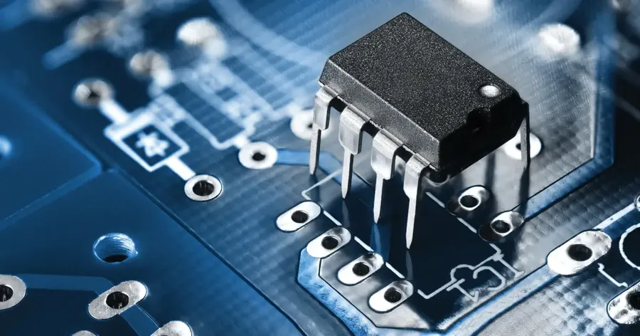 A comparison of SMT and through-hole components on a PCB.