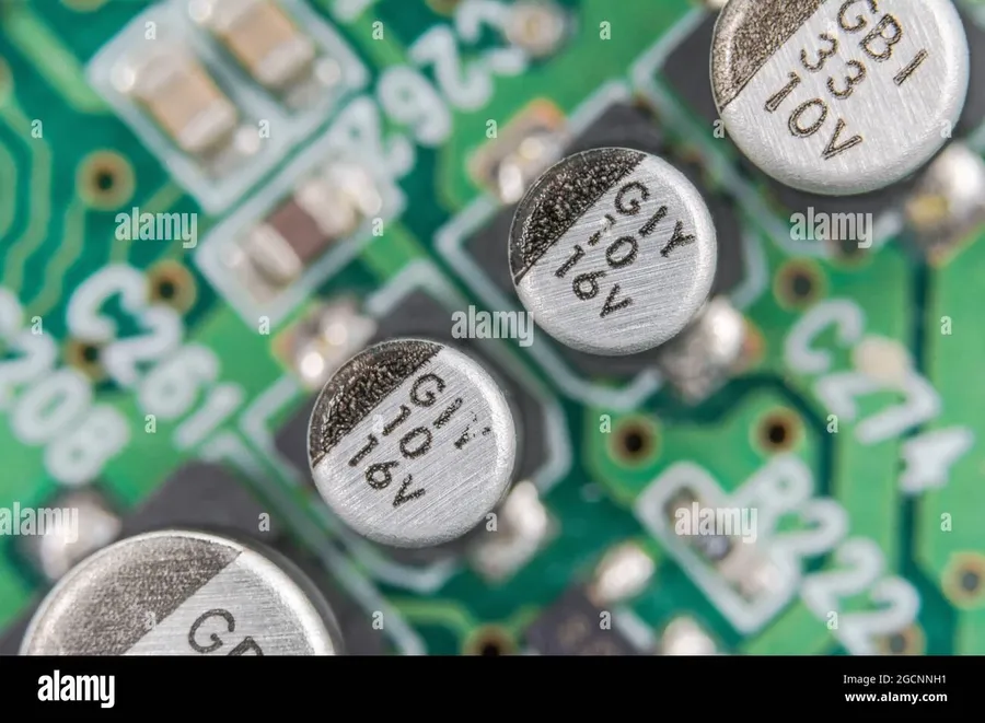 A close-up of capacitor markings on a component.