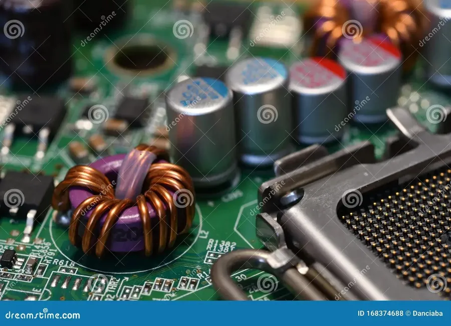 Various electronic components like capacitors, resistors, and integrated circuits, used in motherboard construction.