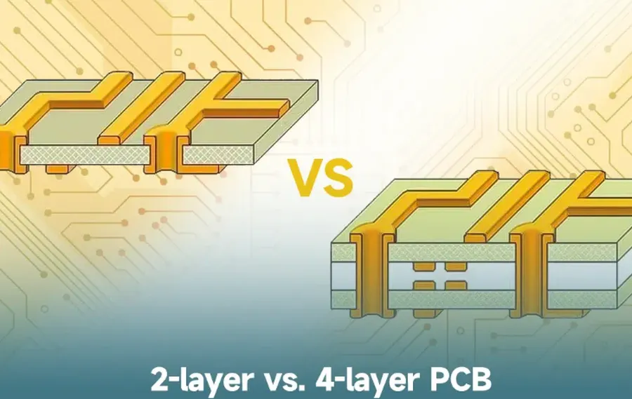 A comparison image of a 2-layer PCB next to a multilayer PCB.