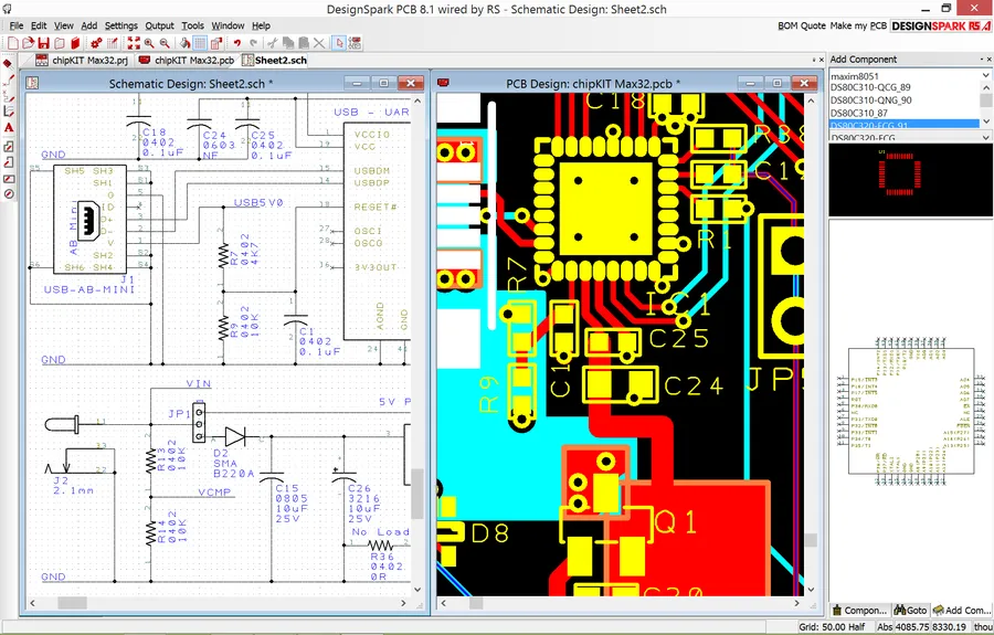 A screenshot of PCB design software showing a 2-layer PCB layout.