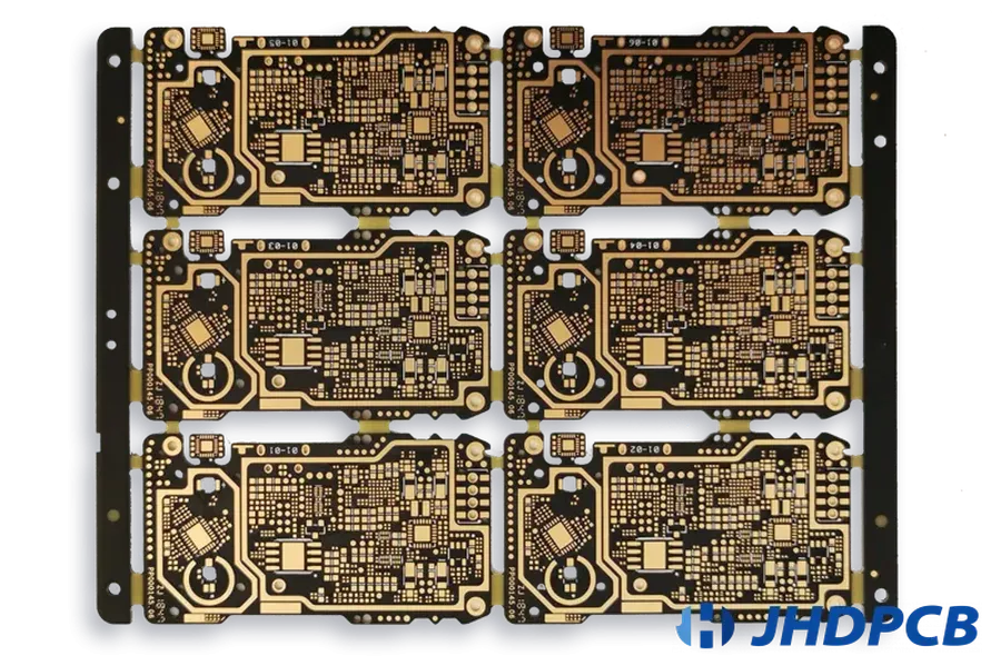 A cross-section view showing the layers of a multilayer PCB.