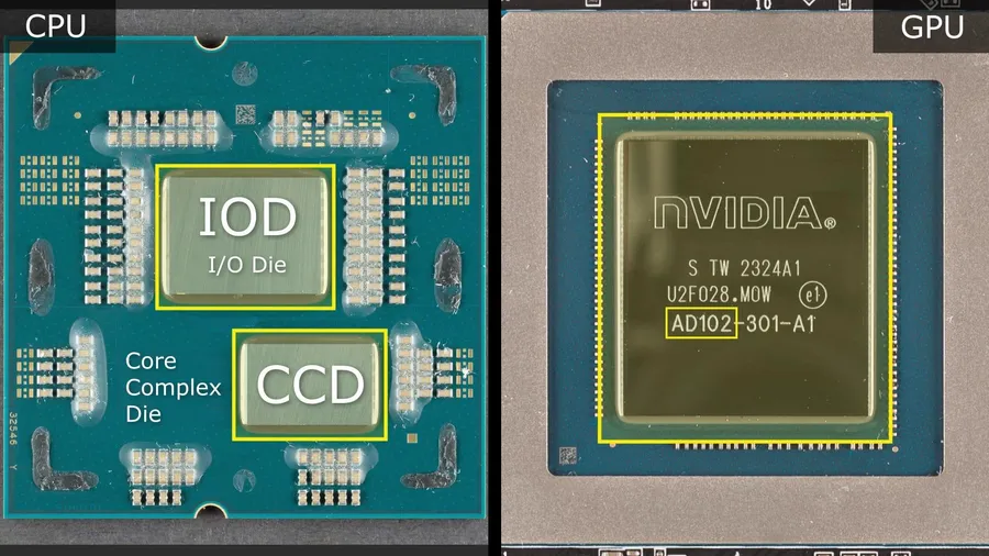 A detailed view of the GPU core on a graphics card PCB.