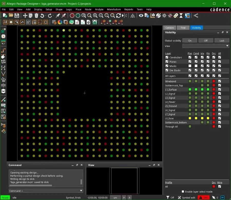 A screenshot of the Cadence layout software interface showing a chip design.