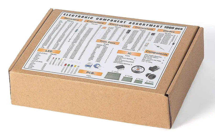 Various electronic components in their retail packaging.