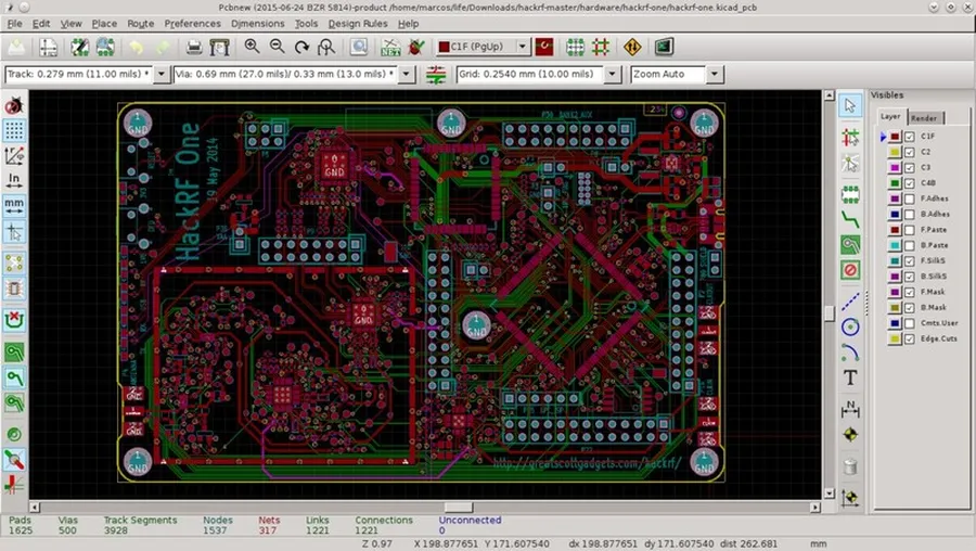 An artistic rendering of a futuristic-looking PCB design on a computer screen.