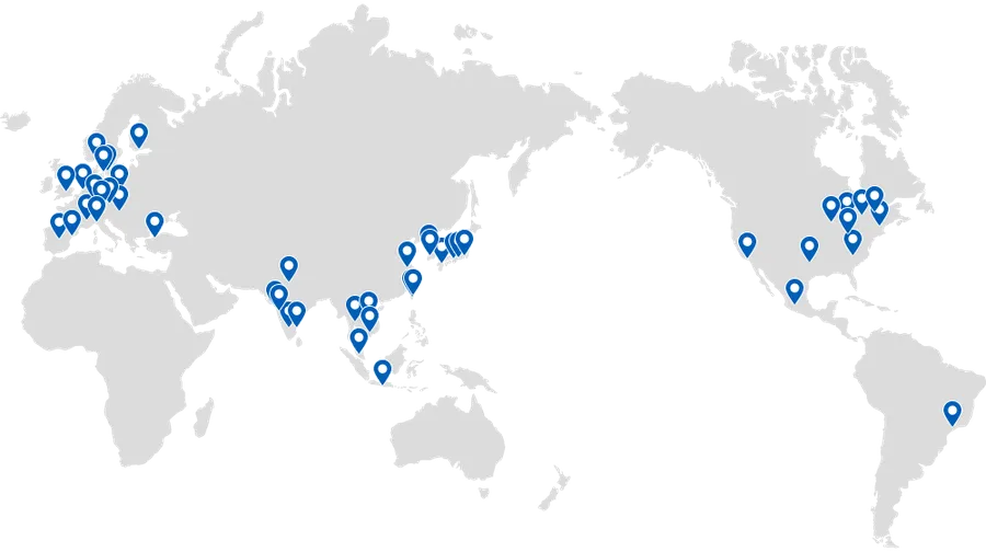 A world map highlighting various locations of Omron distributors.