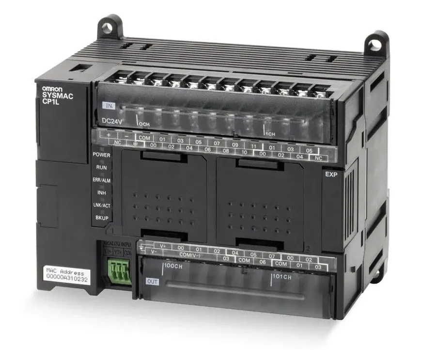 A close-up of an Omron PLC device.