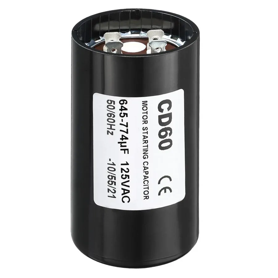 A motor run capacitor connected to a motor.