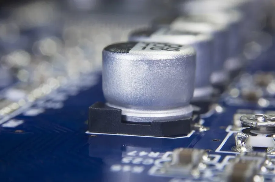 Close-up of an electrolytic capacitor.