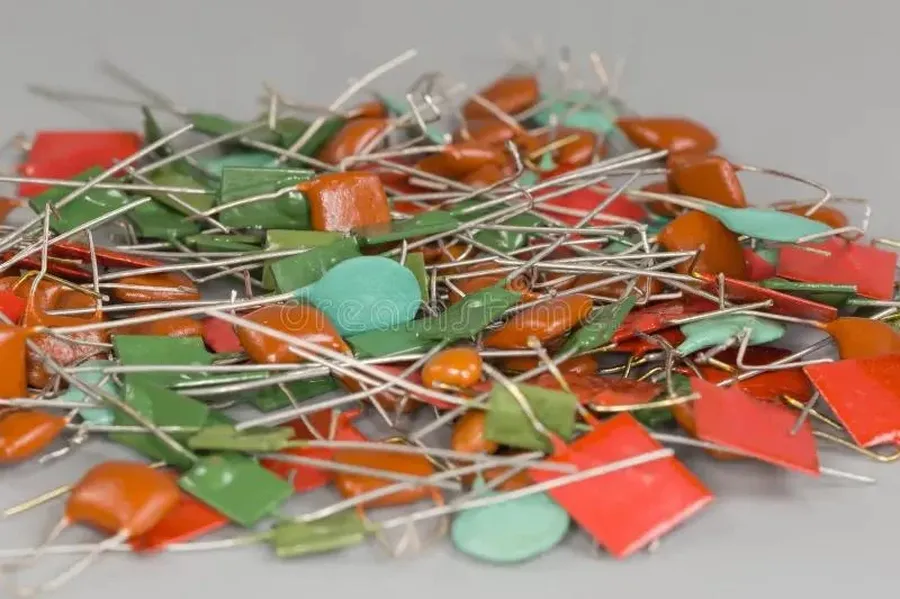 Close-up of several film capacitors.