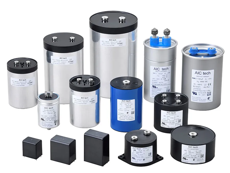 Various types of large capacitors displayed side by side.