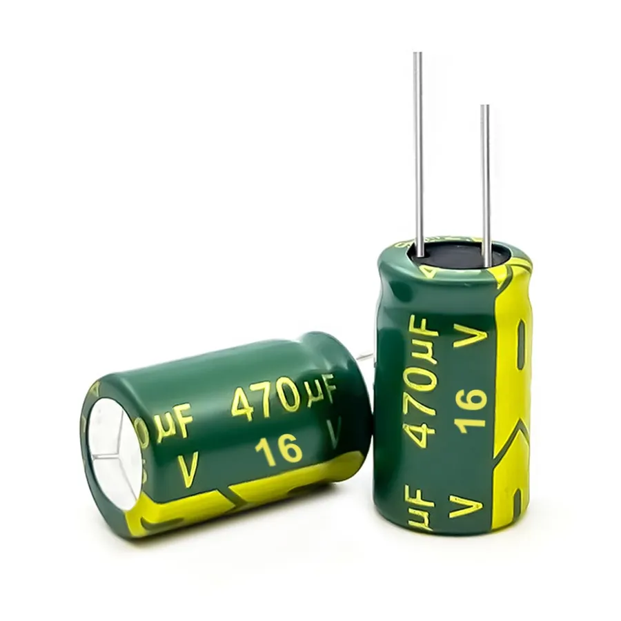 A 470uF 16V capacitor with its specifications marked on its body.