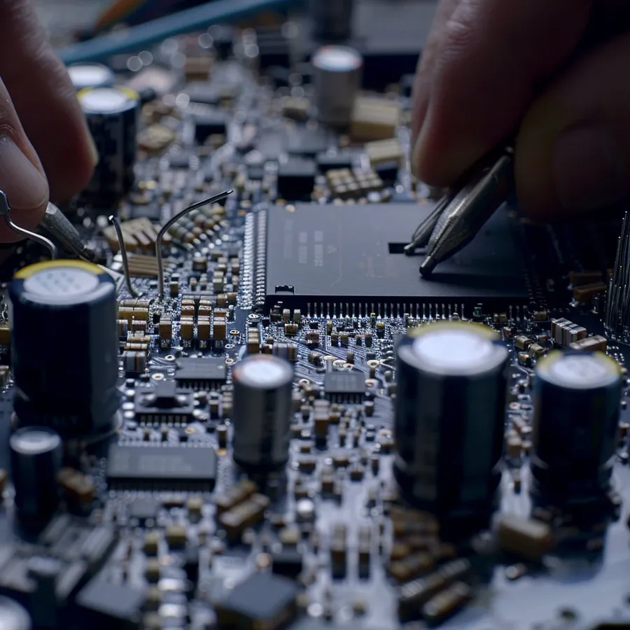 Hands replacing a capacitor on a circuit board using soldering tools.