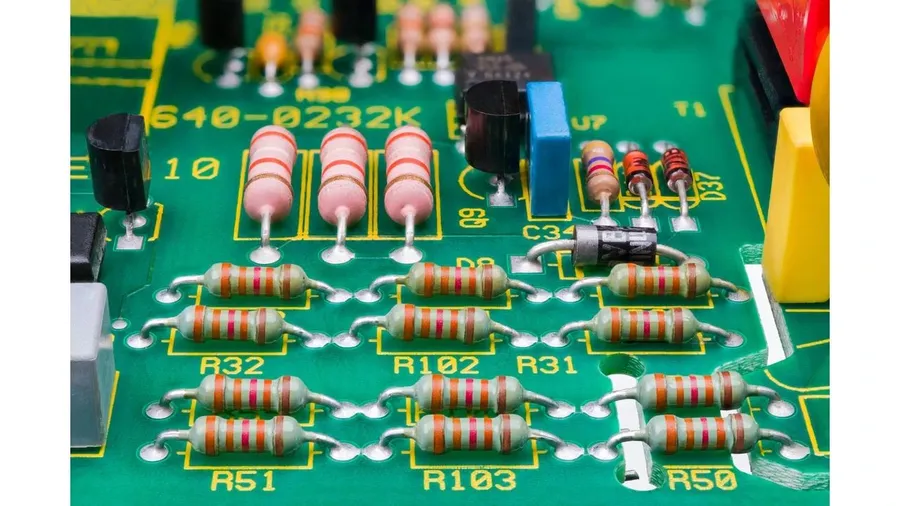 A circuit board with several resistors on it.