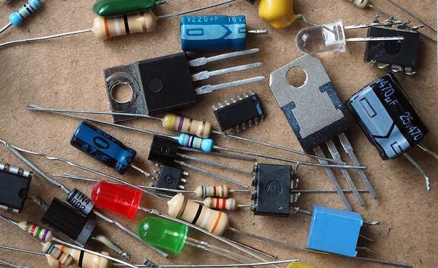 Various types of resistors, including film and wirewound.