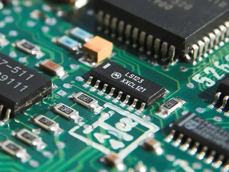 An engineer working on a PCB design layout on a computer screen