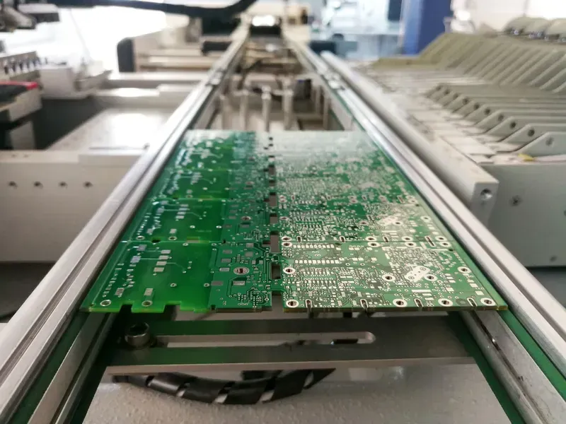 Automated machinery on a PCB manufacturing line producing visitor management terminal boards